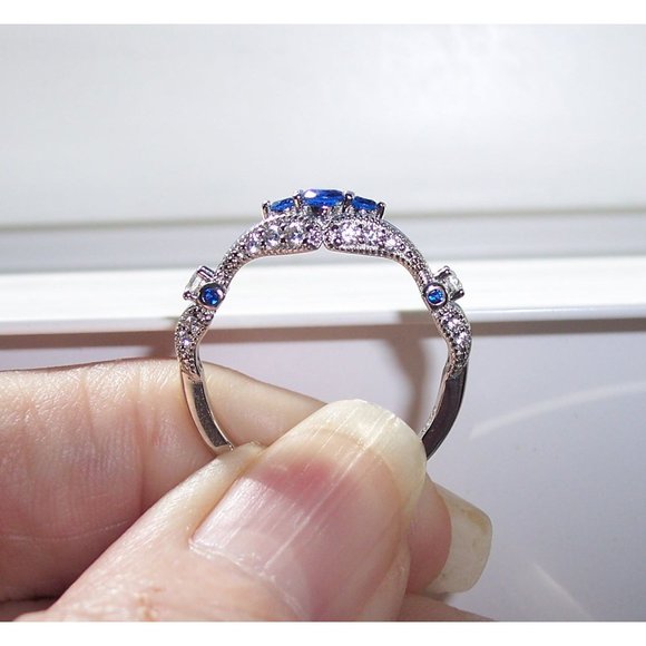 925 STERLING SILVER Antique Style Blue Spinel Cubic Zirconia Filigree Ring - Picture 9 of 16
